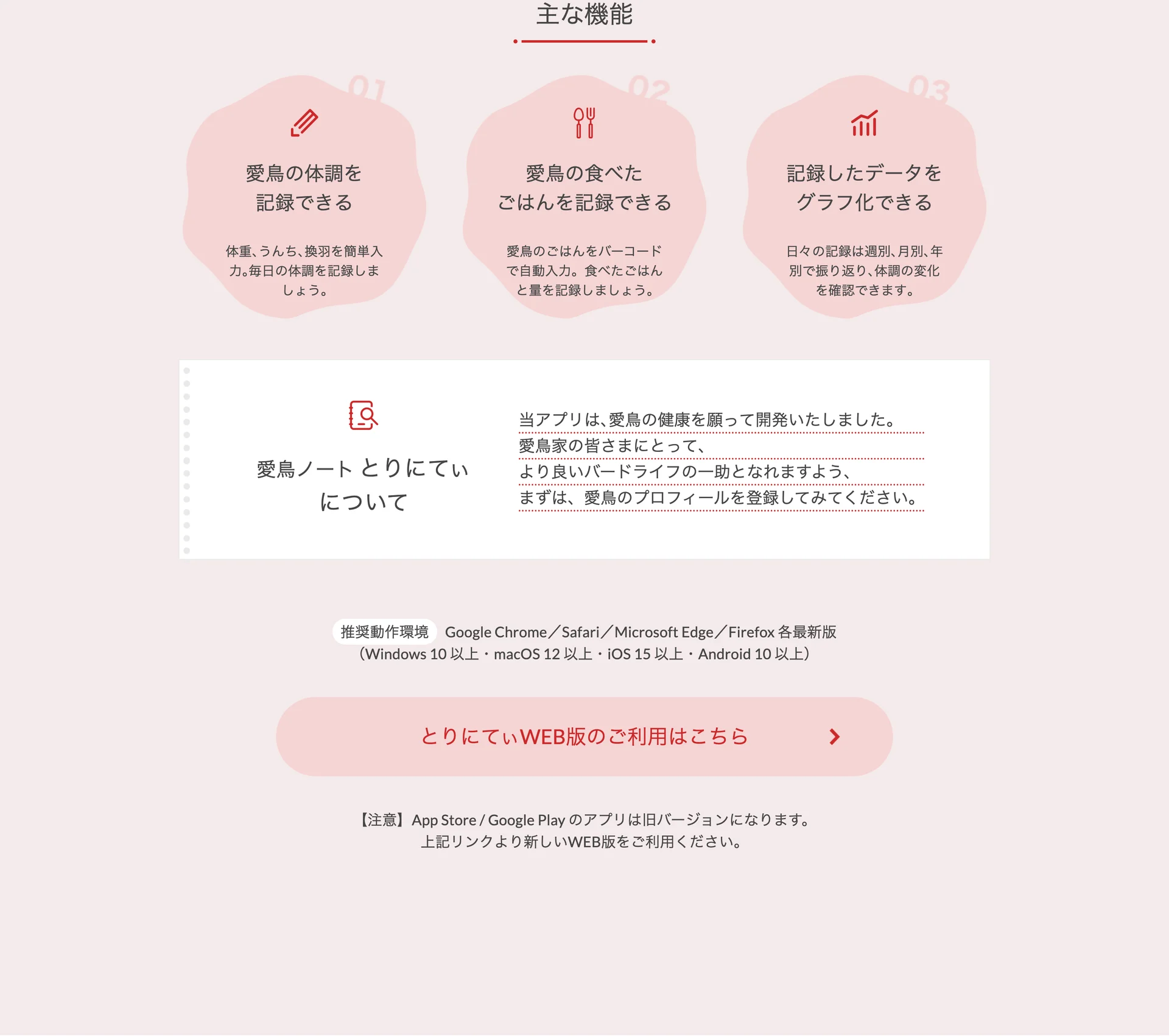 主な機能と対応ブラウザの案内