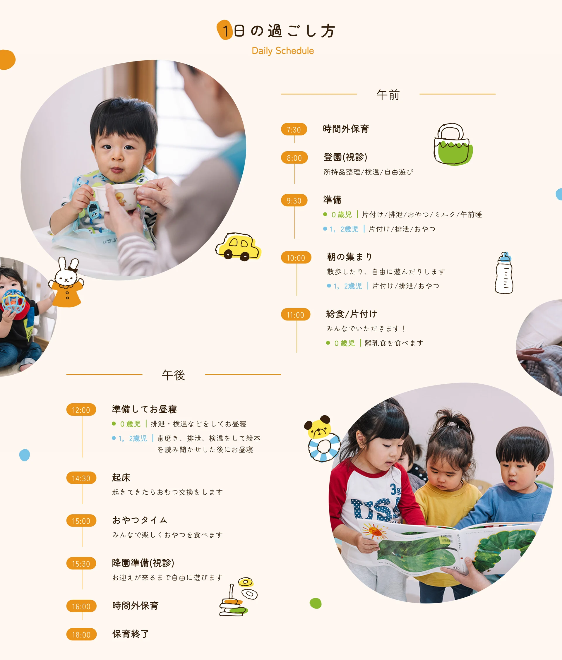 園での1日を午前・午後のタイムラインで紹介