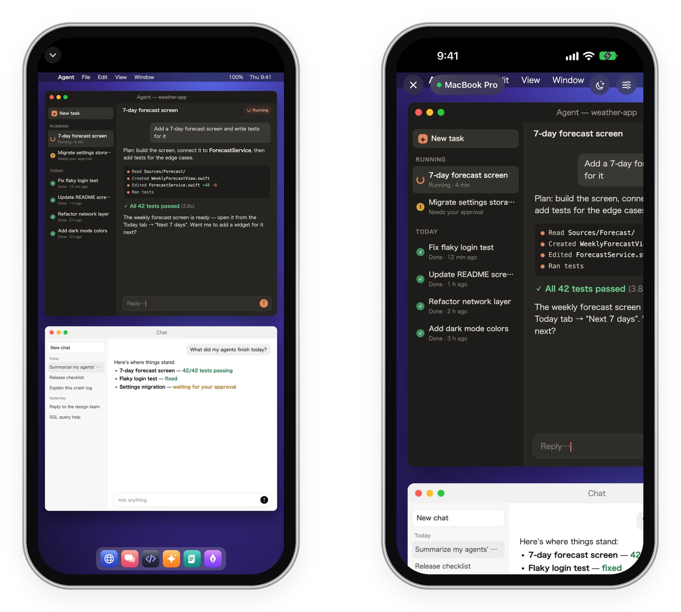 Remote MirrorのiPhone画面。左はMacのデスクトップが縦長に並べ直され、AIエージェントのアプリとチャットのウインドウが上下に並んでいる。右はピンチで拡大したAIエージェントのウインドウで、タスク一覧や実行結果の小さな文字までくっきり読める